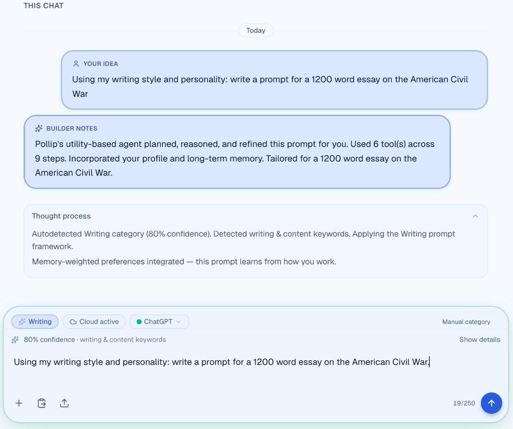 Pollip builder notes showing automated prompt planning and refinement