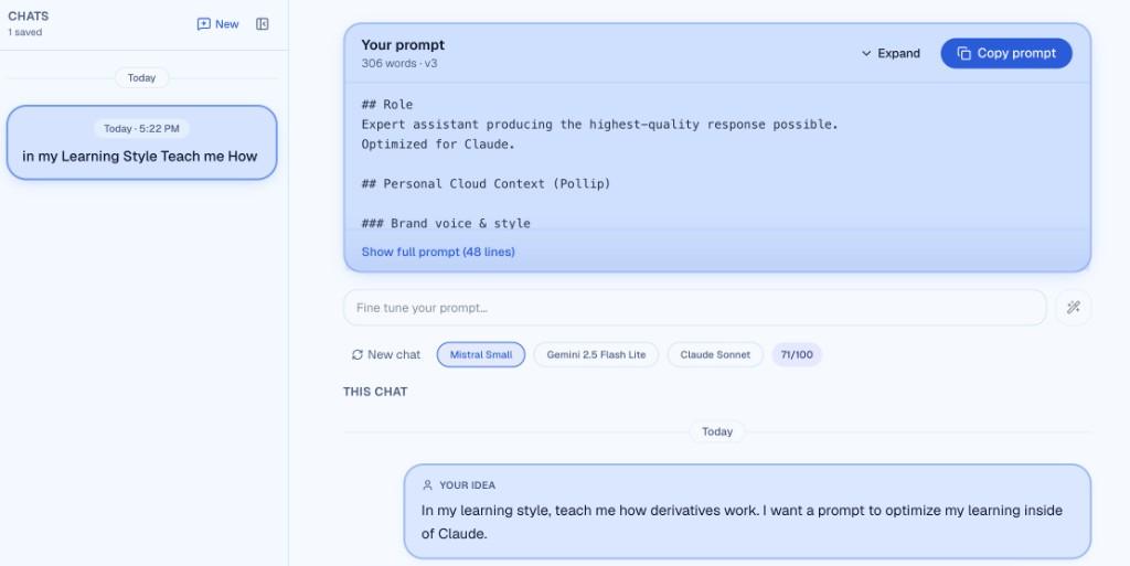 Pollip prompt builder showing a generated prompt ready to copy